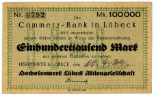 SCHLESWIG-HOLSTEIN, Herrenwyk b.Lübeck, Hochofenwerk Lübeck AG. 100.000 Mark 10.009.1923. Datum komplett handschriftlich !.
III
SH H037a