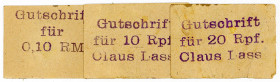 SCHLESWIG-HOLSTEIN, Husum, Klaus Lass. 10, 20 Pfennig, 0,10 Reichsmark. 3 Scheine.
I-/III
Schö.2551