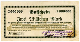 SCHLESWIG-HOLSTEIN, Neumünster, Heinrich Westphalen, Mechanische Kokos-Spinnerei/Weberei. 2 Millionen Mark 22.08.1923.
sehr selten, III
Ke.3827