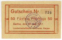 WESTFALEN, Gerthe, Landwirtschaftlicher Ortsverein. 50 Pfennig 20.01.1917, Rs.Firmenstempel, Wz.4mm.
I
Ti.2210
