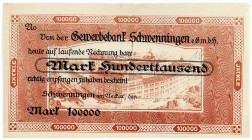 WÜRTTEMBERG, Schwenningen, Gewerbebank Schwenningen e.GmbH. 100.000 Mark o.D. Kundenscheck. Blanko ohne Aussteller.
I-
Ke.5103