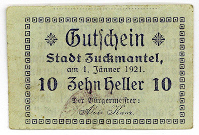 TSCHECHOSLOWAKEI, Zuckmantel, Stadt. 10 Heller 01.01.1921.
II