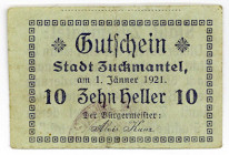 TSCHECHOSLOWAKEI, Zuckmantel, Stadt. 10 Heller 01.01.1921.
II