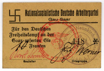 DOKUMENTE, Neunkirchen/Saar. Spendenschein über 10 Franken, NSDAP Gau Saar.
I