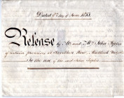 DOKUMENTE, Relense (Erbvermächtnis) auf Pergament vom 8. Juni 1853 des Ehepaares John und Maria Joplins. Mit Steuermarke und Lacksiegeln, gefaltet. 43...