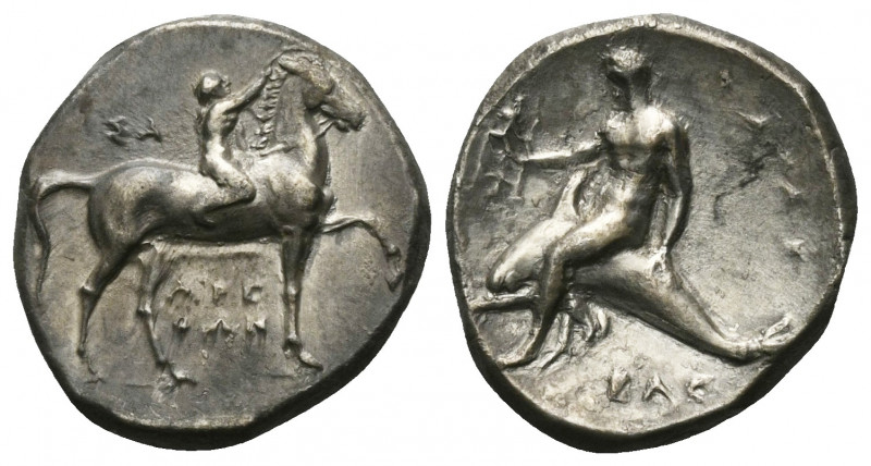 Kalabrien. Tarent.

 Didrachme oder Nomos (Silber). Ca. 302 - 280 v. Chr.
Vs:...