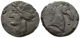 Sizilien. Sikulo-punische Prägungen.

 Bronze. Ca. 260 - 240 v. Chr.
Vs: Kopf der Tanit mit Ährenkranz links.
Rs: Pferdekopf rechts; im Feld links...