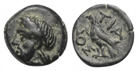 Bithynien. Tieion (Tios).

 Bronze. Ca. 350 - 300 v. Chr.
Vs: Kopf des Zeus mit Lorbeerkranz links.
Rs: Adler nach links stehend.

10 mm. 1,12 g...