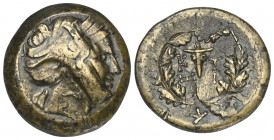 Mysien. Kyzikos.

 Bronze. 3. Jhdt. v. Chr.
Vs: Prora rechts.
Rs: Bukranion in Eichenlaubkranz.

27 mm. 16,78 g. 

Von Fritze 11; SNG Paris 43...