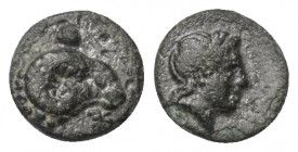Troas. Kebren.

 Bronze. Ca. 387 - 310 v. Chr.
Vs: Widderkopf rechts.
Rs: Kopf des Apollon mit Lorbeerkranz rechts.

10 mm. 0,80 g. 

SNG Cope...