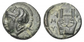 Lesbos. Methymna.

 Bronze. Um 330 v. Chr.
Vs: Kopf der Athena mit attischem Helm links.
Rs: Kithara.

11 mm. 1,51 g. 

HGC 6, 914; Franke, Me...