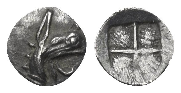 Ionien. Teos.

 Tetartemorion (Silber). Ca. 500 - 450 v. Chr.
Vs: Greifenkopf...