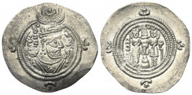 Sasanidisches Königreich. Khusro II. (590 - 628 n. Chr.).

 Drachme (Silber). 622 / 623 n. Chr. (Jahr 33). MR = Merw.
Vs: Drapierte Büste mit Krone...