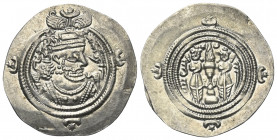 Sasanidisches Königreich. Khusro II. (590 - 628 n. Chr.).

 Drachme (Silber). 622 / 623 n. Chr. (Jahr 33). AB = Abarsahr.
Vs: Drapierte Büste mit K...