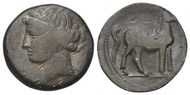 Zeugitania. Karthago.

 Bronze. Ca. 264 - 241 v. Chr.
Vs: Kopf der Tanit mit Ährenkranz links.
Rs: Pferd vor Palme nach rechts stehend.

22 mm. ...