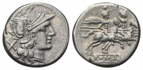 Anonyme Prägungen.

 Denar (Silber). Nach 211 v. Chr. Rom.
Vs: Kopf der Roma mit geflügeltem Helm rechts, dahinter Wertzeichen.
Rs: ROMA. Die Dios...