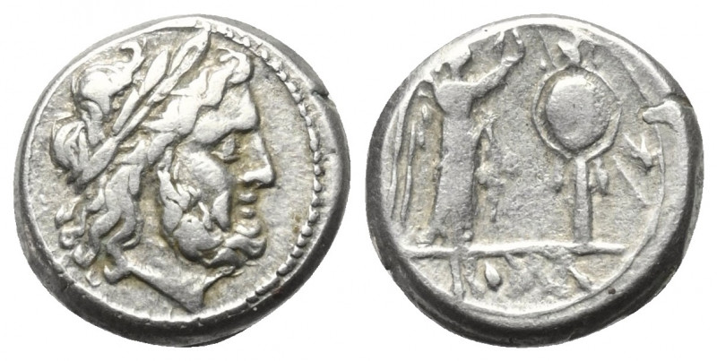 Anonyme Prägungen.

 Victoriat (Silber). Nach 211 v. Chr. Rom.
Vs: Kopf des J...