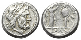 Anonyme Prägungen.

 Victoriat (Silber). Nach 211 v. Chr. Rom.
Vs: Kopf des Jupiter mit Lorbeerkranz rechts.
Rs: Victoria nach rechts stehend und ...