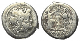 Anonyme Prägungen.

 Victoriat (Silber). 206 - 195 v. Chr. Rom.
Vs: Kopf des Jupiter mit Lorbeerkranz rechts.
Rs: Victoria nach rechts stehend und...