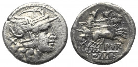 Furius Purpurio.

 Denar (Silber). Ca. 169-158 v. Chr. Rom.
Vs: Behelmter Kopf der Roma nach rechts, dahinter X.
Rs: PVR ROMA. Luna im Galopp auf ...