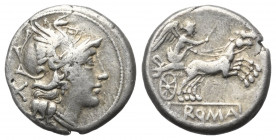 Anonym.

 Denar (Silber). 157 - 156 v. Chr. Rom.
Vs: Kopf der Roma mit geflügeltem Helm rechts, dahinter Wertzeichen.
Rs: ROMA. Victoria mit Treib...