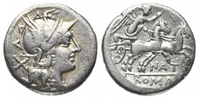 Pinarius Natta.

 Denar (Silber). 155 v. Chr. Rom.
Vs: Kopf der Roma mit geflügeltem Helm rechts, dahinter Wertzeichen.
Rs: NAT / ROMA. Victoria m...