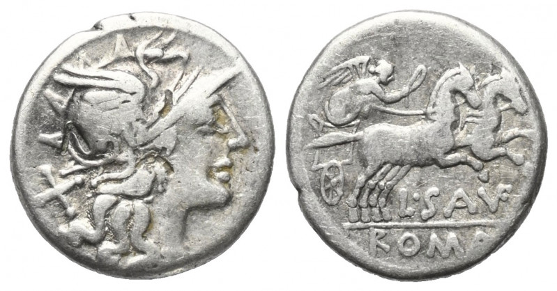 L. Saufeius.

 Denar (Silber). 152 v. Chr. Rom.
Vs: Behelmter Kopf der Roma n...