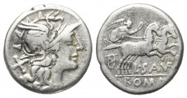 L. Saufeius.

 Denar (Silber). 152 v. Chr. Rom.
Vs: Behelmter Kopf der Roma nach rechts, dahinter Wertzeichen X. 
Rs: Victory, die Biga nach recht...