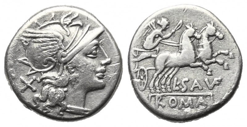 L. Saufeius.

 Denar (Silber). 152 v. Chr. Rom.
Vs: Kopf der Roma mit geflüge...