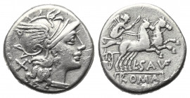 L. Saufeius.

 Denar (Silber). 152 v. Chr. Rom.
Vs: Kopf der Roma mit geflügeltem Helm rechts, dahinter X.
Rs: L. SAVF (VF ligiert). Victoria in B...