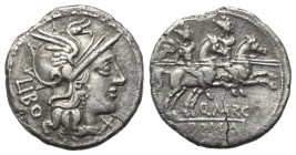 Q. Marcius Libo.

 Denar (Silber). 148 v. Chr. Rom.
Vs: LIBO. Kopf der Roma mit geflügeltem Helm rechts, davor Wertzeichen.
Rs: Q MARC / ROMA. Die...
