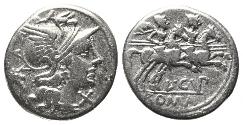L. Cupiennius.

 Denar (Silber). 147 v. Chr. Rom.
Vs: Kopf der Roma mit geflü...