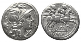 L. Cupiennius.

 Denar (Silber). 147 v. Chr. Rom.
Vs: Kopf der Roma mit geflügeltem Helm rechts, dahinter Füllhorn, davor Wertzeichen.
Rs: L CVP /...