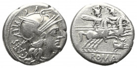C. Antestius.

 Denar (Silber). 146 v. Chr. Rom.
Vs: Kopf der Roma mit geflügeltem Helm rechts, davor X.
Rs: C ANTESTI / ROMA. Die Dioscuren mit e...