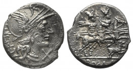 C. Antestius.

 Denar (Silber). 146 v. Chr. Rom.
Vs: C ANTESTI. Kopf der Roma mit geflügeltem Helm rechts, davor Wertzeichen.
Rs: ROMA. Die Dioscu...