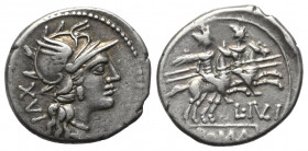 L. Iulius.

 Denar (Silber). 141 v. Chr. Rom.
Vs: Kopf der Roma mit geflügeltem Helm rechts, dahinter XVI.
Rs: L IVLI / ROMA. Die Dioscuren mit ei...