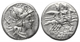 L. Iulius.

 Denar (Silber). 141 v. Chr. Rom.
Vs: Kopf der Roma mit geflügeltem Helm rechts, dahinter XVI.
Rs: L IVLI / ROMA. Die Dioscuren mit ei...