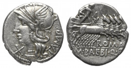 M. Baebius Tampilus.

 Denar (Silber). 137 v. Chr. Rom.
Vs: TAMPIL. Kopf der Roma mit geflügeltem Helm links, davor Wertzeichen.
Rs: ROMA / M BAEB...