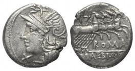 M. Baebius Tampilus.

 Denar (Silber). 137 v. Chr. Rom.
Vs: TAMPIL. Kopf der Roma mit geflügeltem Helm links, davor Wertzeichen.
Rs: ROMA / M BAEB...