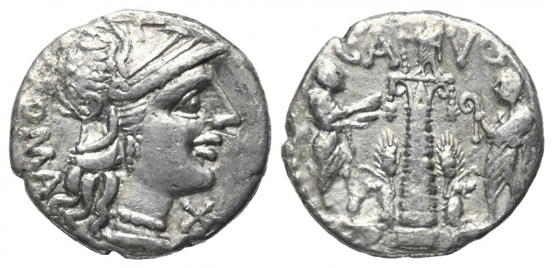 C. Augurinus.

 Denar (Silber). 135 v. Chr. Rom.
Vs: ROMA. Kopf der Roma mit ...