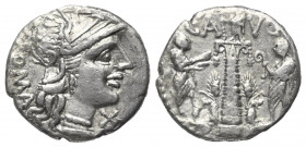C. Augurinus.

 Denar (Silber). 135 v. Chr. Rom.
Vs: ROMA. Kopf der Roma mit Flügelhelm rechts. Davor Wertzeichen X.
Rs: C. A - VG. Profilierte Sä...