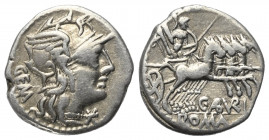 C. Aburius Geminus.

 Denar (Silber). 134 v. Chr. Rom.
Vs: GEM. Kopf der Roma mit geflügeltem Helm rechts, davor Wertzeichen.
Rs: C ABVRI / ROMA. ...