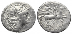 P. Calpurnius Lanarius.

 Denar (Silber). 133 v. Chr. Rom.
Vs: Behelmter Kopf der Roma, dahinter X mit horizontalem Querbalken.
Rs: P. CALP. Von s...
