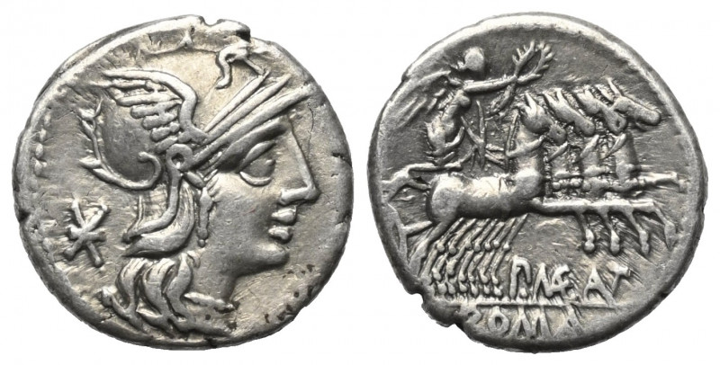P. Maenius Antiaticus.

 Denar (Silber). 132 v. Chr. Roma.
Vs: Kopf der Roma ...