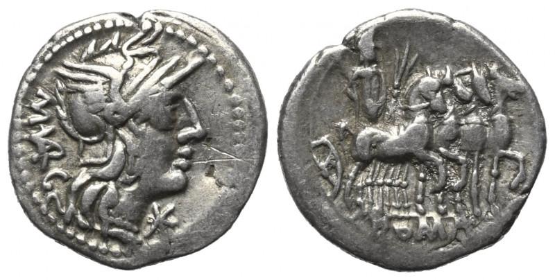 M. Vargunteius.

 Denar (Silber). 130 v. Chr. Rom.
Vs: Kopf der Roma mit gefl...
