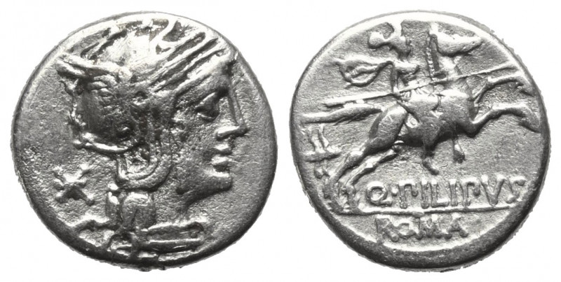 Q. Marcius Philippus.

 Denar (Silber). 129 v. Chr. Rom.
Vs: Kopf der Roma mi...