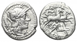 Cn. Domitius Ahenobarbus.

 Denar (Silber). 128 v. Chr. Rom.
Vs: Kopf der Roma mit geflügeltem Helm rechts, davor Wertzeichen, dahinter Ähre.
Rs: ...