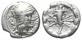 Q. Fabius Maximus.

 Denar (Silber). 127 v. Chr. Rom.
Vs: Q MX ROMA. Kopf der Roma mit geflügeltem Helm rechts, davor Wertzeichen.
Rs: Füllhorn mi...