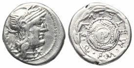 M. Caecilius Metellus.

 Denar (Silber). 127 v. Chr. Rom.
Vs: ROMA. Kopf der Roma mit geflügeltem Helm rechts, davor Wertzeichen.
Rs: M METELLVS Q...