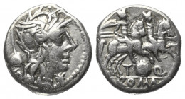 T. Quinctius Flamininus.

 Denar (Silber). 126 v. Chr. Rom.
Vs: Kopf der Roma mit geflügeltem Helm rechts, davor Wertzeichen, dahinter Priesterkapp...